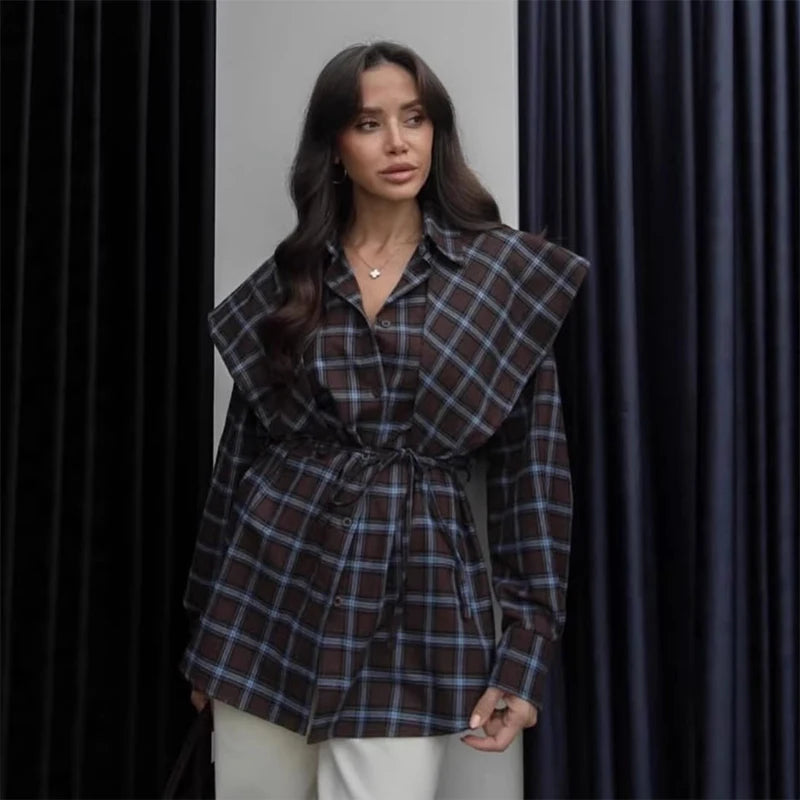 Elegant Plaid Patchwork Long Sleeve Shirt for Women