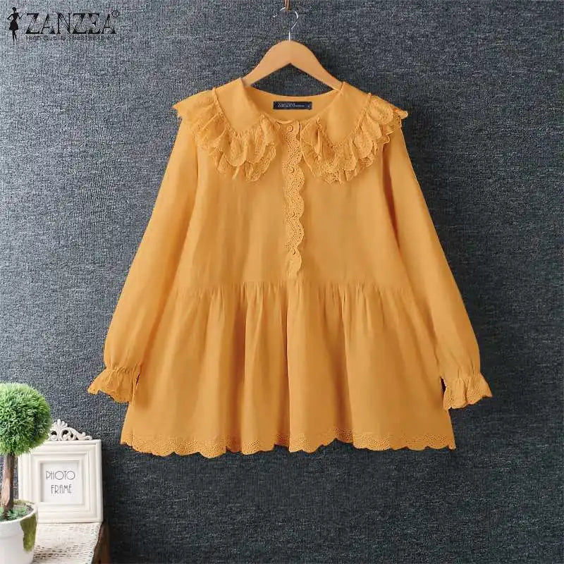 ZANZEA Women Shirts Sweety Doll Collar Tunics Leisure Long Flare Sleeve Button Tops Holiday Lace Crochet Patchwork Solid Blouse
