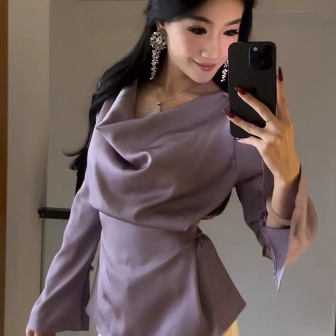 Silk Satin Basic Blouse Women Luxury Elegant Flare Long Sleeve Shirt Lady Bandage Tunic Top Korean Office Casual