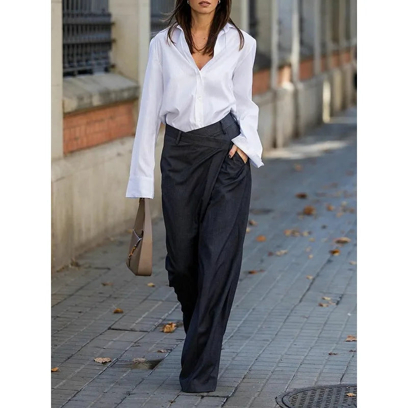 Trendy Women's Solid Color Commuter Pants 2025 Autumn New High Waist Asymmetric Wide Leg Trousers Casual Streetwear Pants