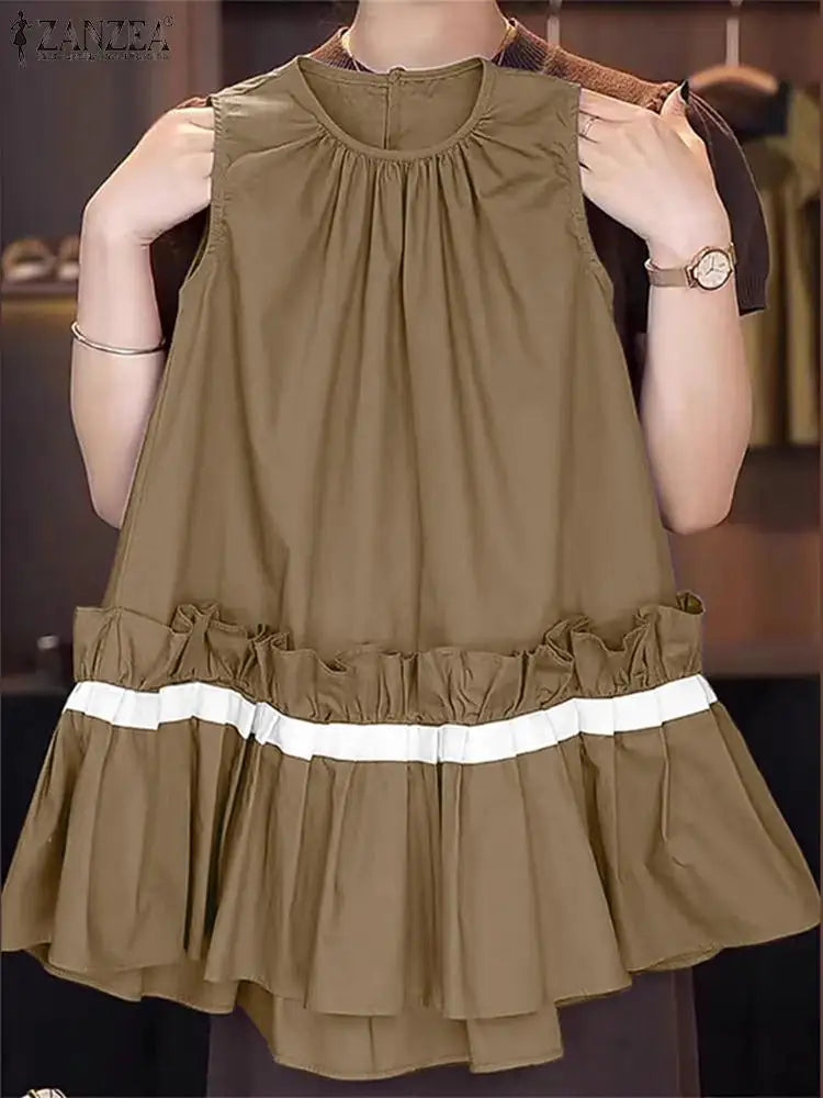 ZANZEA Women Solid Mini Dress Fashion Rufffled Stitching Pleats Vestidos 2024 Summer Sleeveless Tank Robe Casual O-neck Sundress