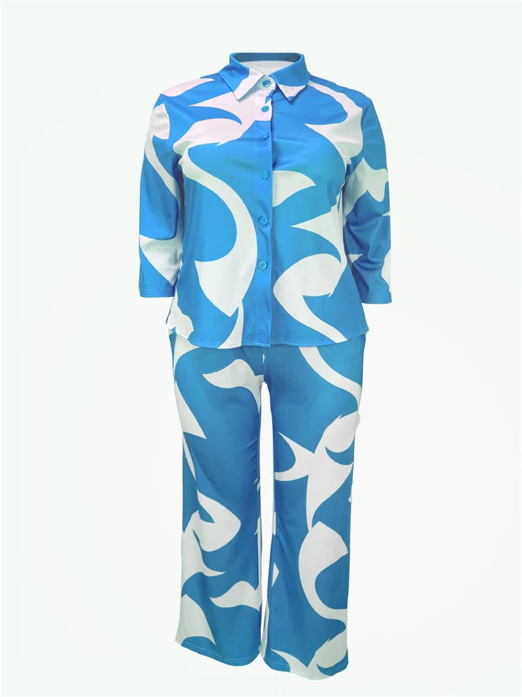 Wmstar Plus Size Two Piece Set Women Wholesale Print Pants Sets Button Shirts Top and Flared Trousers New in Summer 2025