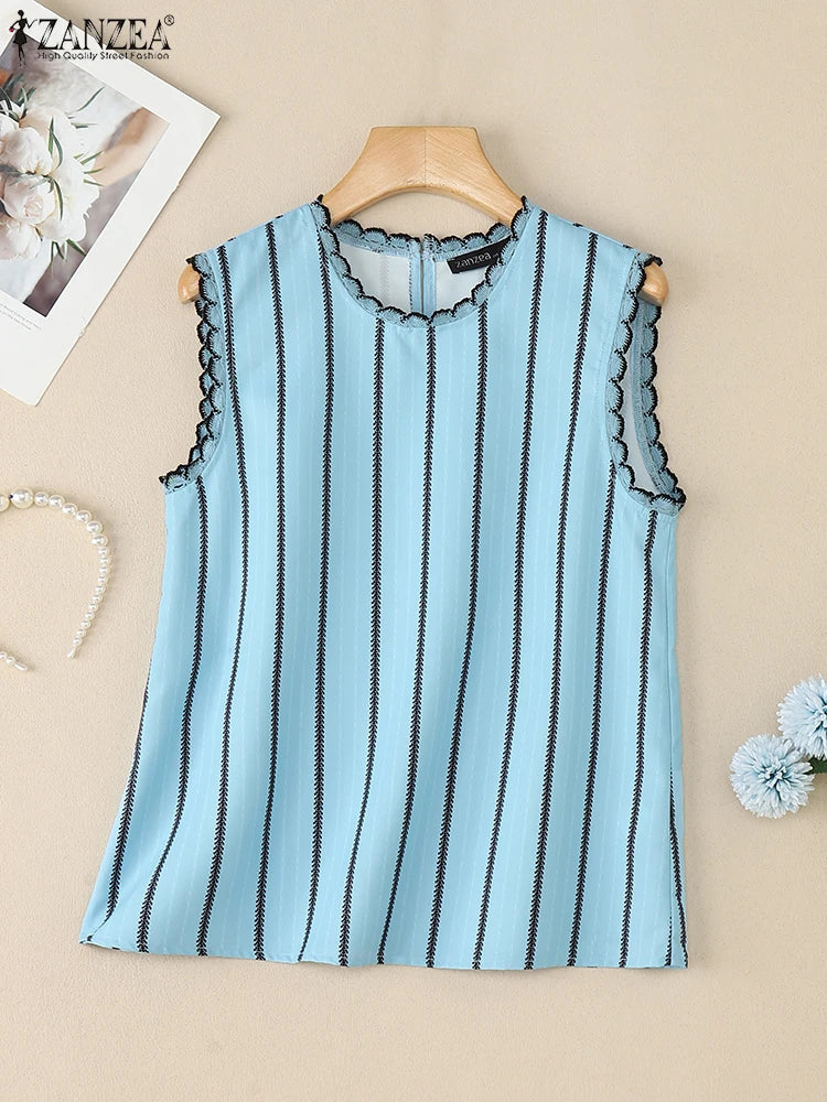 ZANZEA Women Fashion Striped Tanks Elegant Lace Trim Round Neck Sleeveless Tops 2025 Summer Lightweight Casual Tank Tops