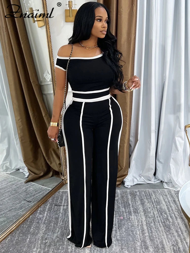 Znaiml Casual Solid Color Wide Legs Pnats Set for Women Diagonal Shoulders T-Shirt Crop Tops and Trousers Two Pieces Suit Outfit