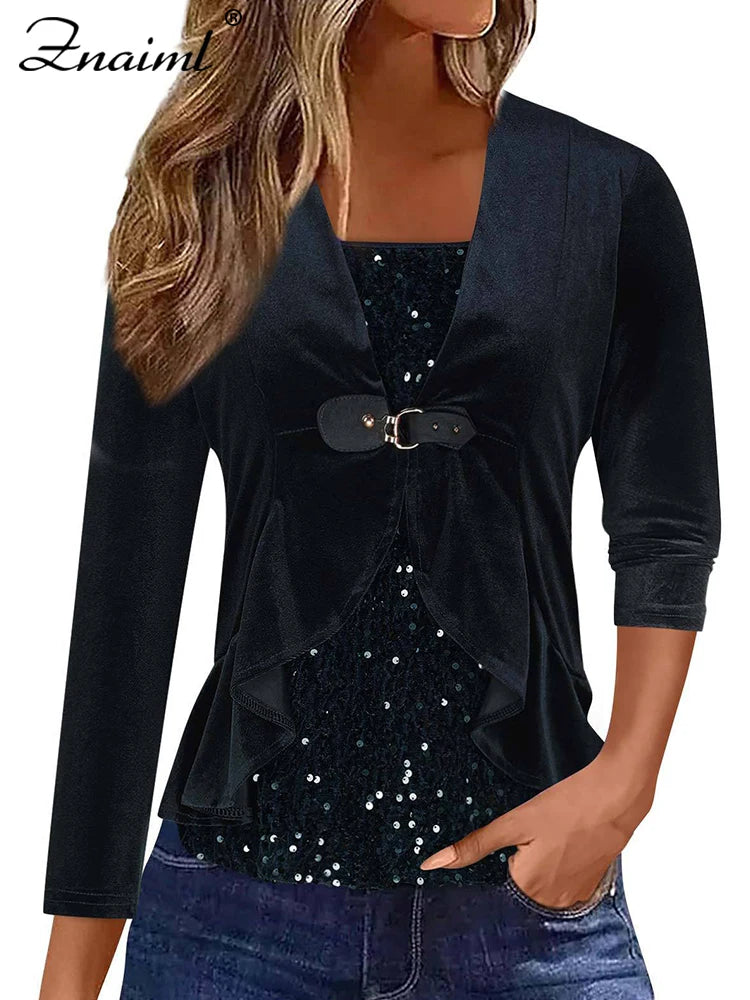 Znaiml Elegant Velvet Long Sleeve Square Neck Pullover T-Shirts Women's Sequin Patchwork Blousers Top Sexy Night Club Outfits