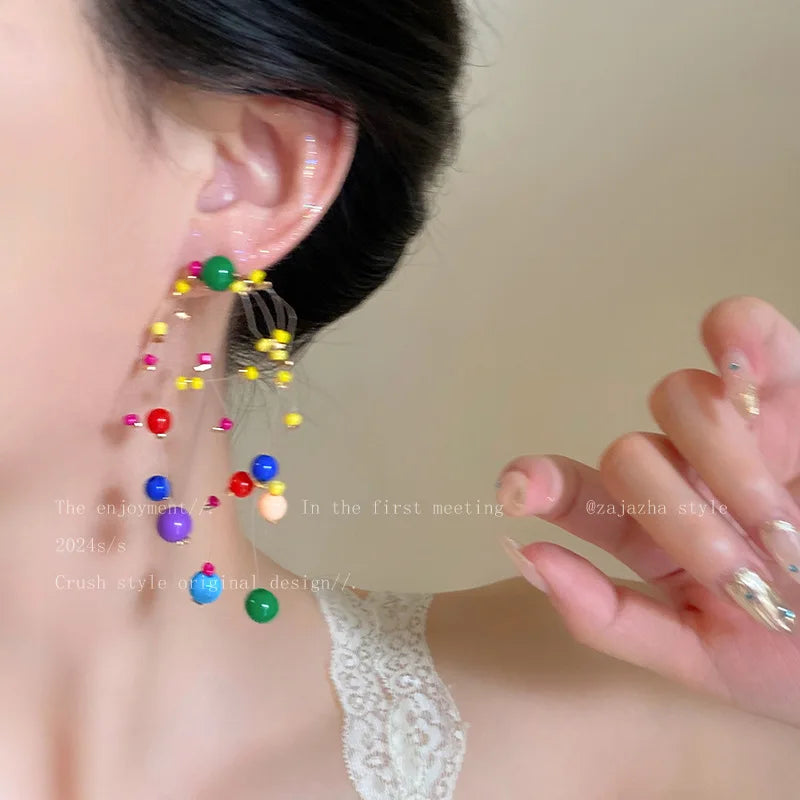 Girl's Long Colorful Beaded Earrings