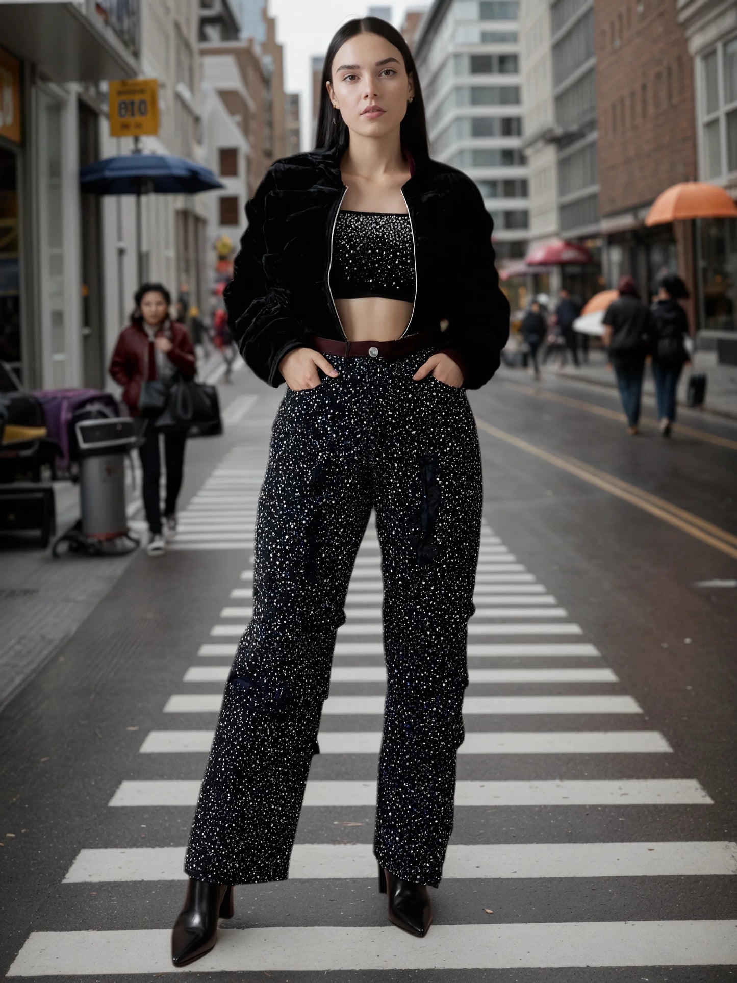 2025 New Women's Fashion Street Style Diamond Inlaid Work Jeans, Shiny Fashion Jeans, Functional Pockets, Women's Jeans