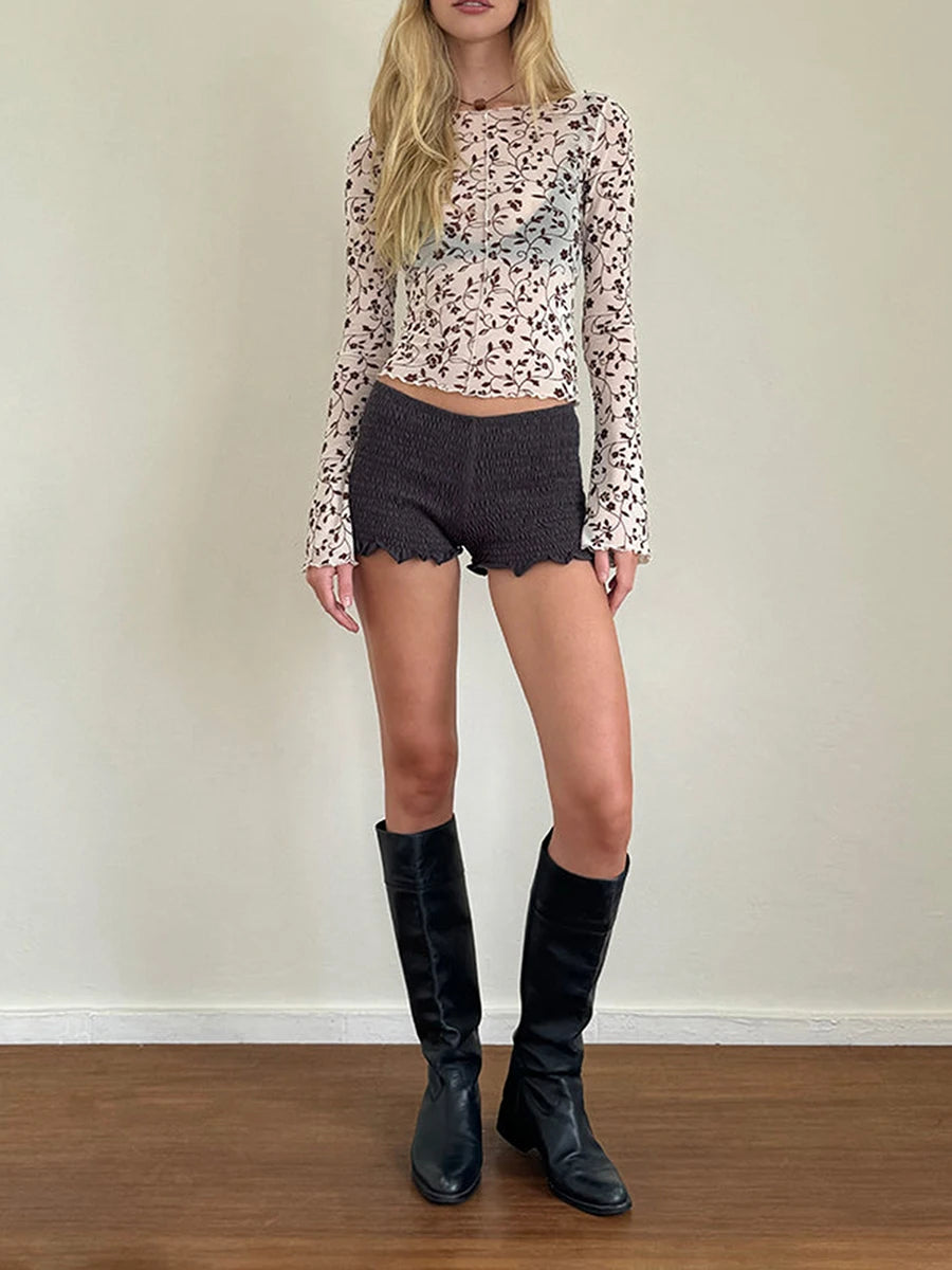 Women'S Sheer Mesh Top With Long Sleeves Flared Sleeves Floral Print Slim Fit T-Shirt Boat Neck Print Mesh Long Sleeved Shirt