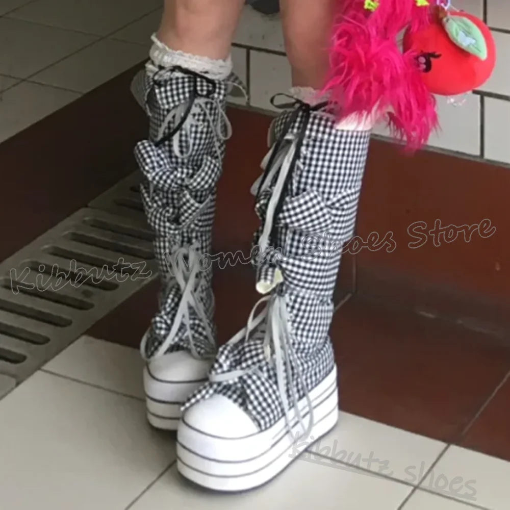 Checkered Canvas Boots Knee High Platform Lace-Up Mixed Color Fashion Elegant Luxury Novelty Women Shoes Round Toe Thick Bottom