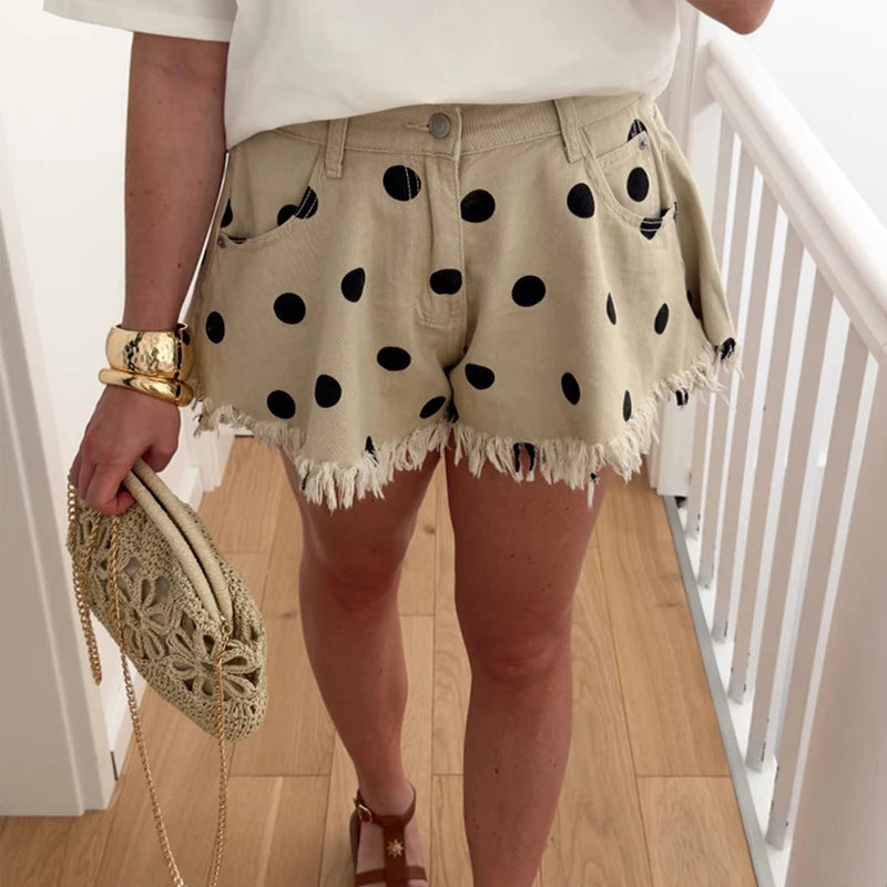 Frill Fringe Design Polka Dot Print Shorts for Women