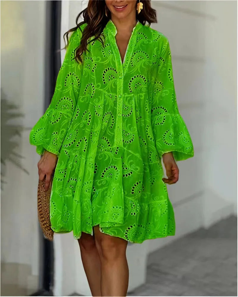 Summer Women Hollow Out Dresses Elegant Vintage Solid Lace V-neck Loose Embroidery Long Sleeve Mini Dresses