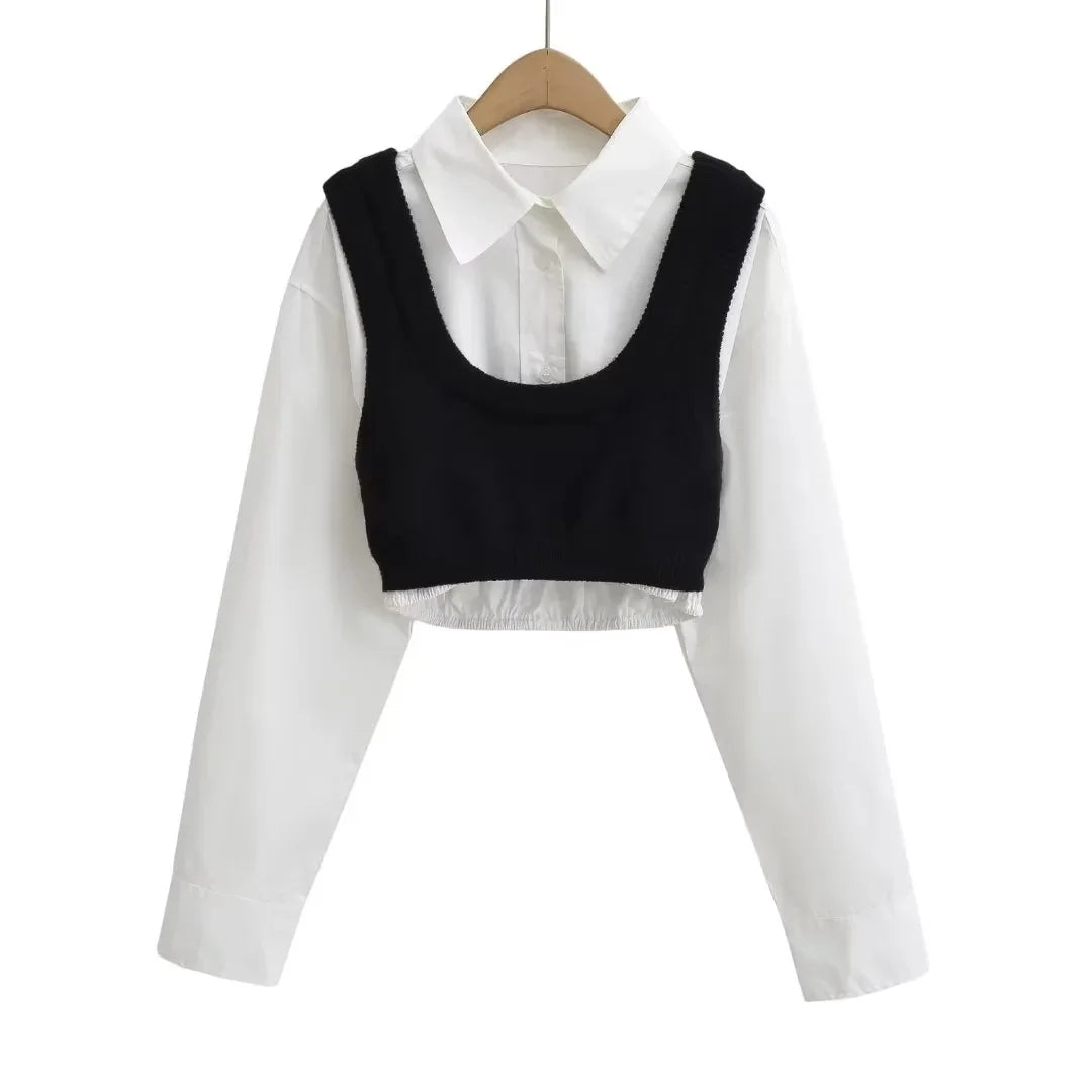Joskaa Women Lapel Long Sleeve Single Breasted Cropped Shirt with Knitted Vest 2 Piece Set 2024 Summer Fashion Tops Streetwear