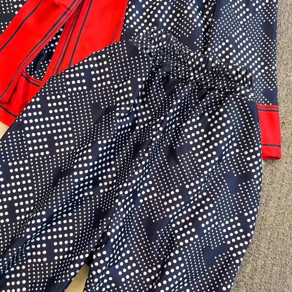 Women Contrast Dot Print V-Neck Loose Lace Up Top+Elastic Waist Wide Leg Pant Suit Autumn Fashion Kimono Cardigan Two Piece Set