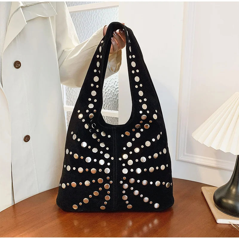 Polka Dot Rivet Tote Bag Women's Fashion Trend Texture Shoulder Bag High-end Luxury Suede Bucket Bag Commuter Female Handbag