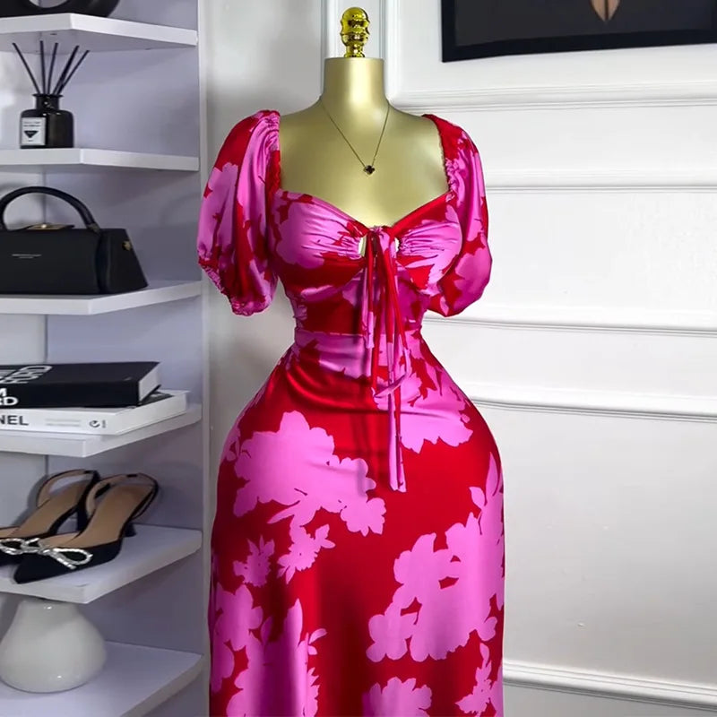 CM.YAYA Women Floral Printed Lantern Half Sleeve Tie Up Long Maxi Dress 2025 Birthday Evening Sexy club Party Dresses Vestidos
