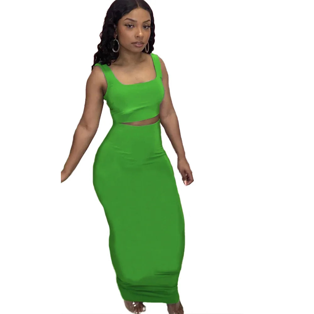 CM.YAYA Women Set Solid Sleeveless Strap Square Collar Crop Tops Stretchy Long Skirts Two Piece Set Sexy Fashion Outfits Summer