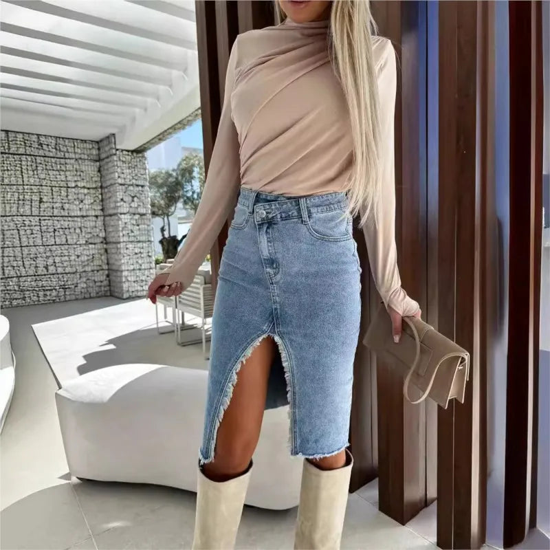 Denim Package Hip Skirt Sexy Pencil Y2K Fresh Sweet Denim Skirts Women Slit Fashionable Casual Solid Color Jeans Skirts
