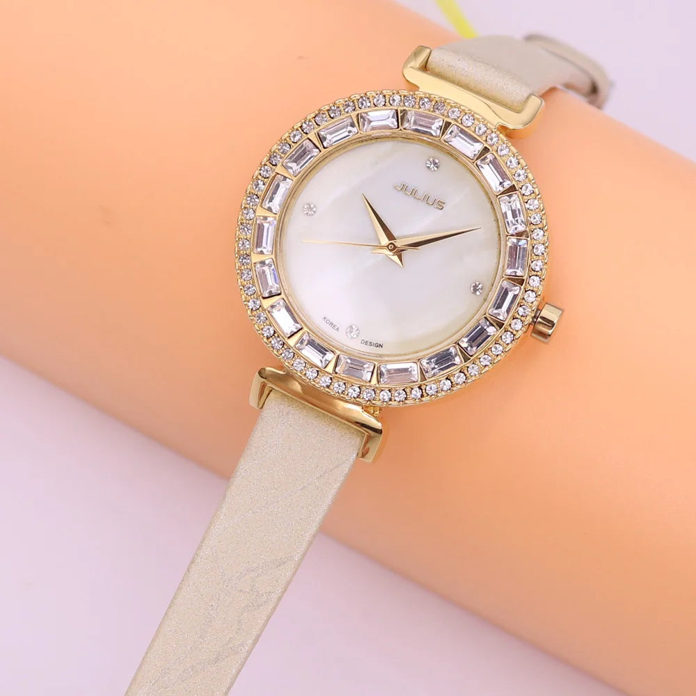 Mother-of-pearl Rhinestones Julius Lady Women's Watch Fashion Hours Bracelet Real Blue Leather Girl's Birthday Gift Box