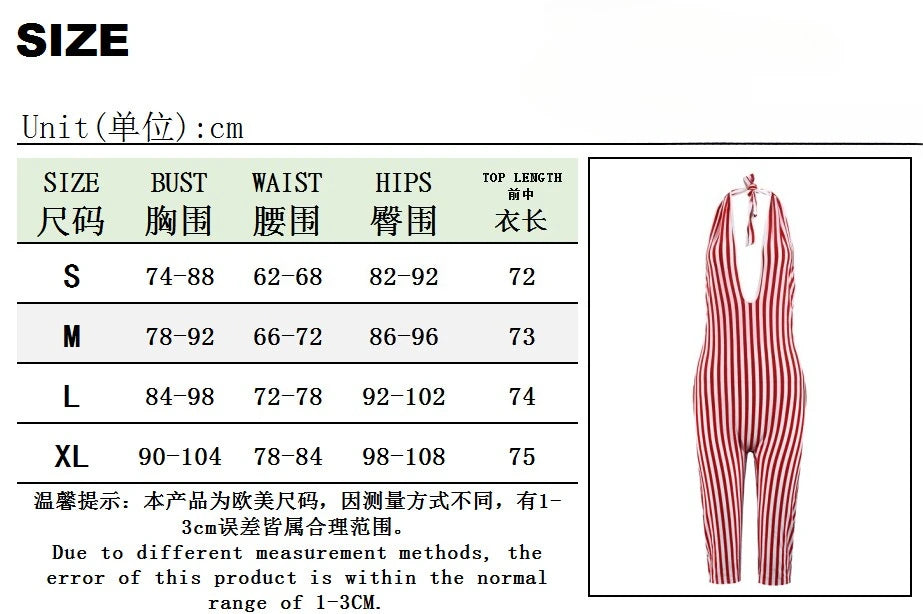 FAGADOER Casual Striped Patchwork Bodycon Romper Women Red Halter Deep V-neck Backless Jumpsuit Female Streetwear Overalls New