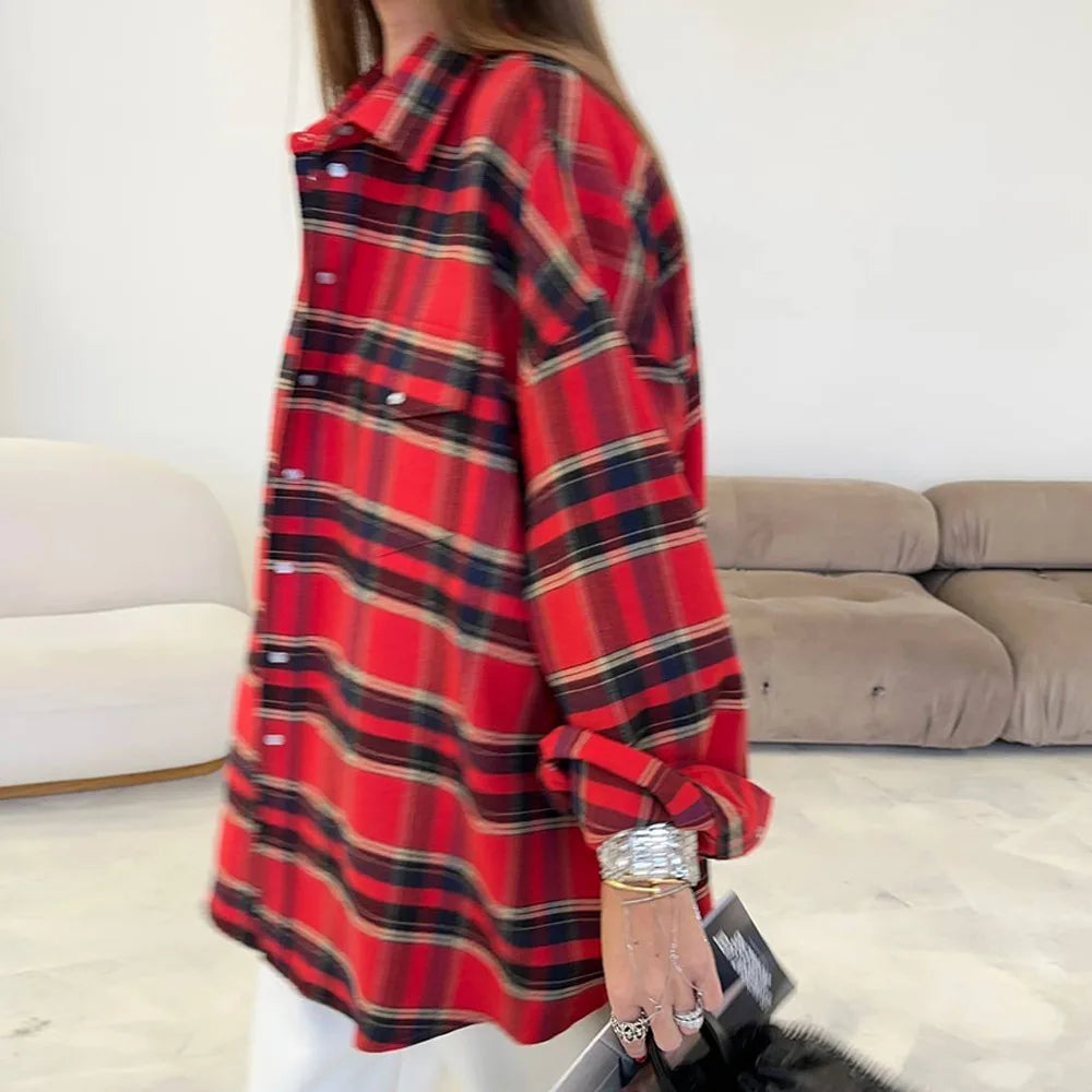 FSMG-Versatile Plaid Shirt For Women, Red Bright Grid, Oversized Blouse, Leisure And Fashionable Top, Spring And Autumn Seasons