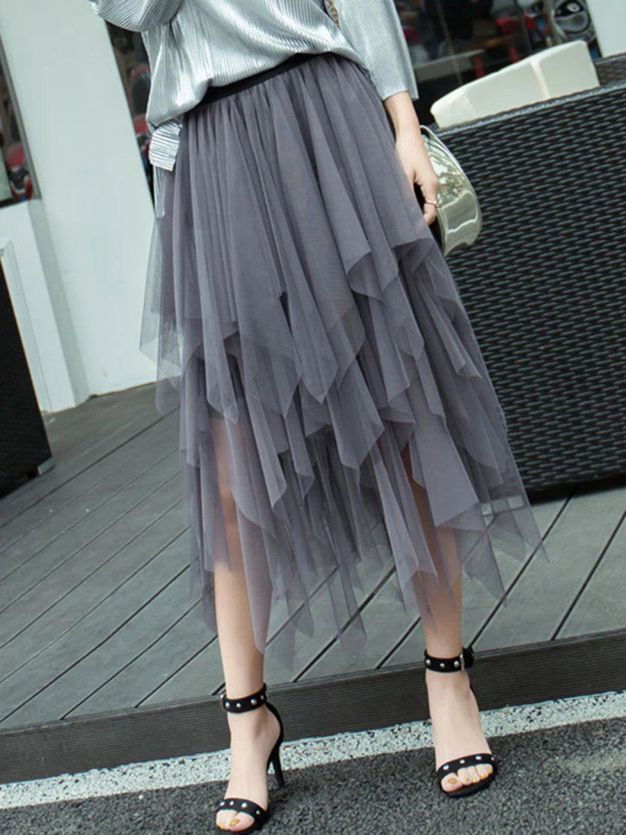 Women Tutu Tulle Skirt Elegant High Waist Mesh Tiered Layered Half Skirt Female Prom Party Midi Skirt for Summer Fairycore Y2K