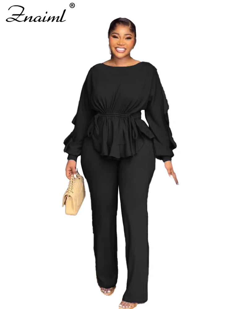Znaaiml Elegant Blue 2 Piece Pants Sets Women Lantern Sleeve Drawstring Ruched Ruffles Top and Trousers Casual Street OL Outfits