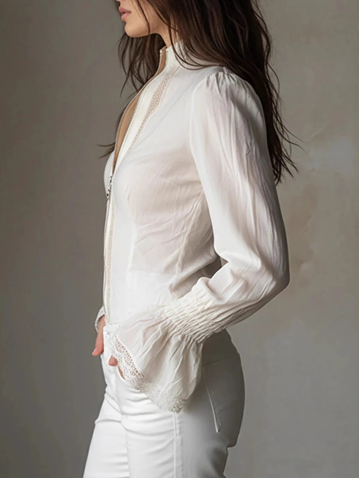 White Lace Patchwork Bell Sleeve Blouse With Ruffles For Women