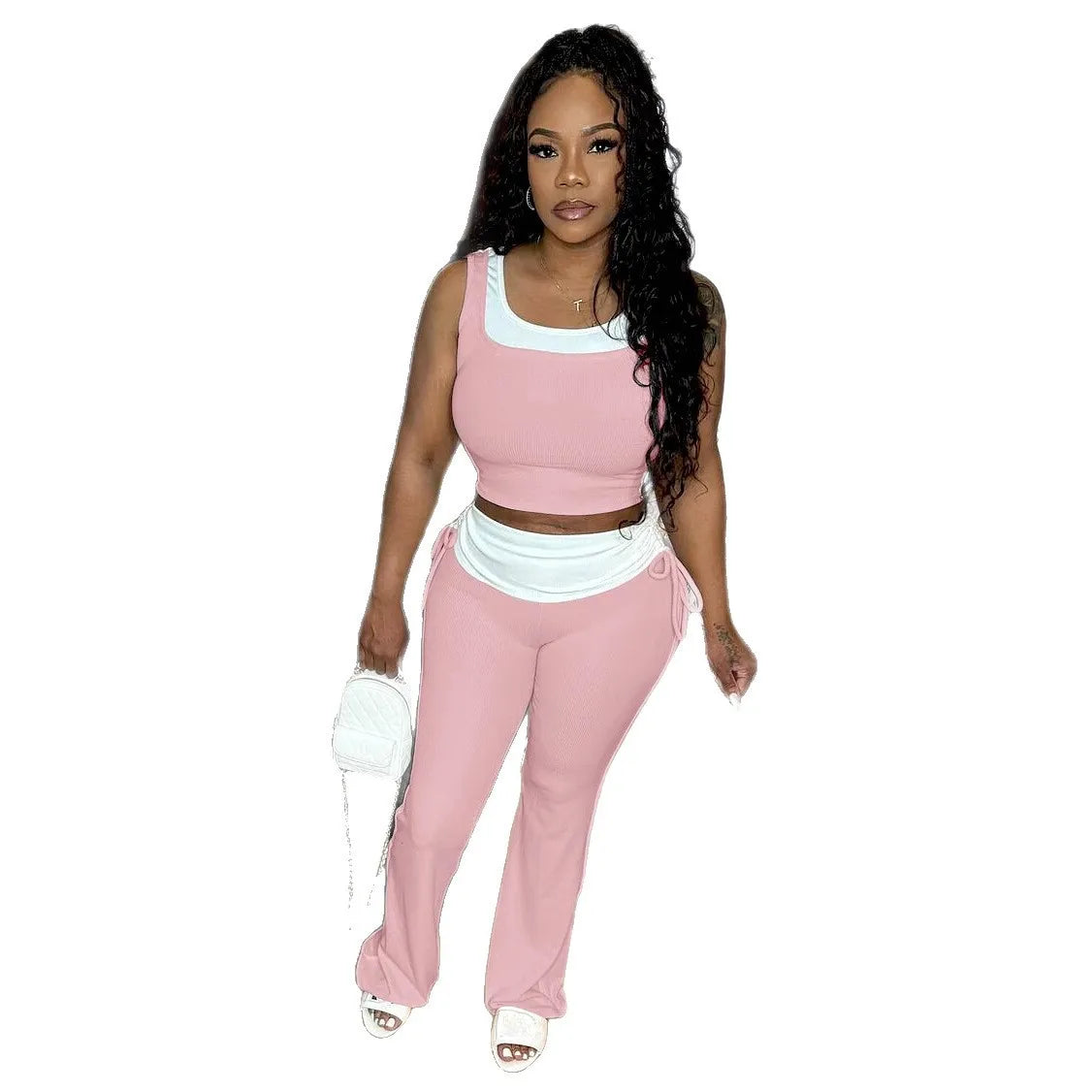 CM.YAYA Fashion Knit Ribbed Patchwork Women's Set Sleeveless Tank Tops and Flare Pants Tracksuit 2025 Two 2 Piece Sets Outfit