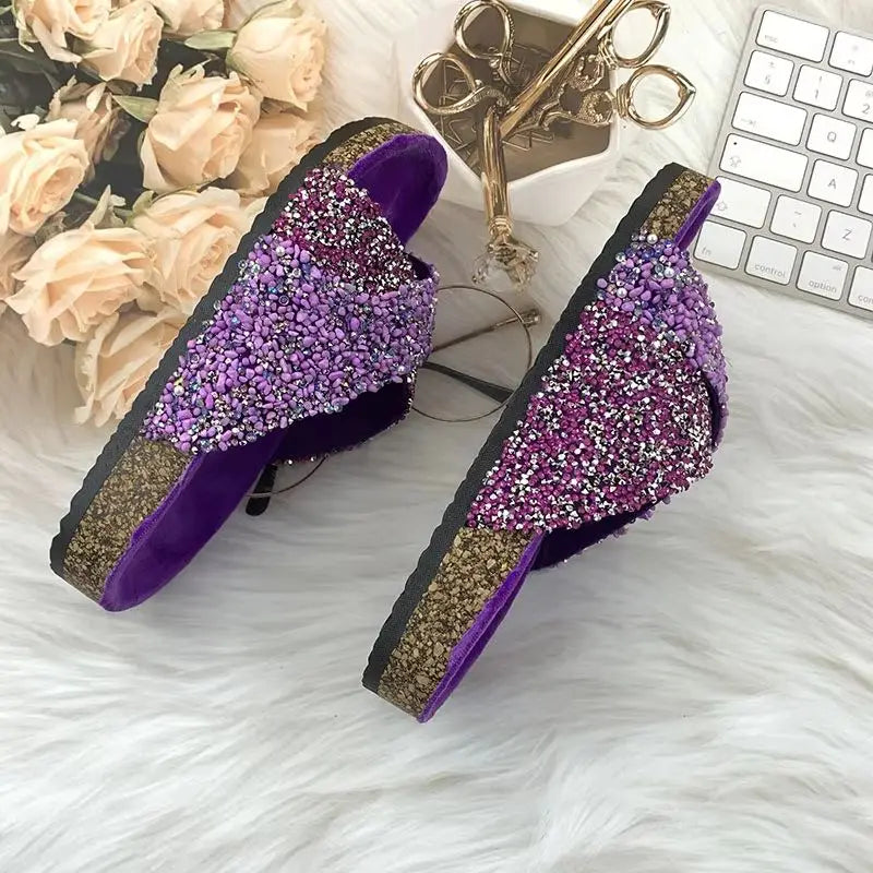 Summer Bling rhinestones Beach outside flat Women Slippers Fashion Casual Ladies Flip-Flops