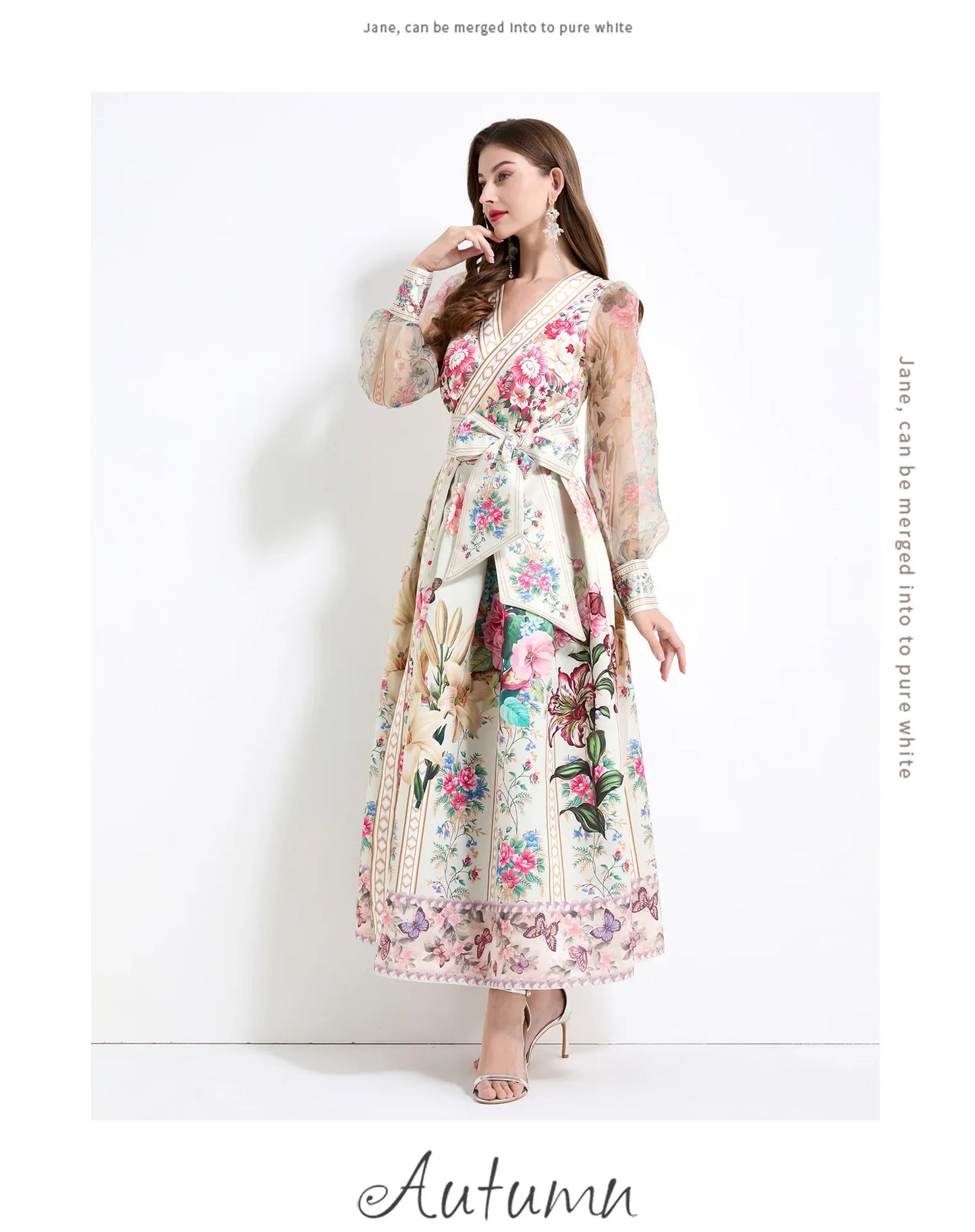 Retro Court Style V-Neck Lace Lantern Sleeve Belted Waist Design Large Print Dress Floral Print Women's Dress Fashionable Gown
