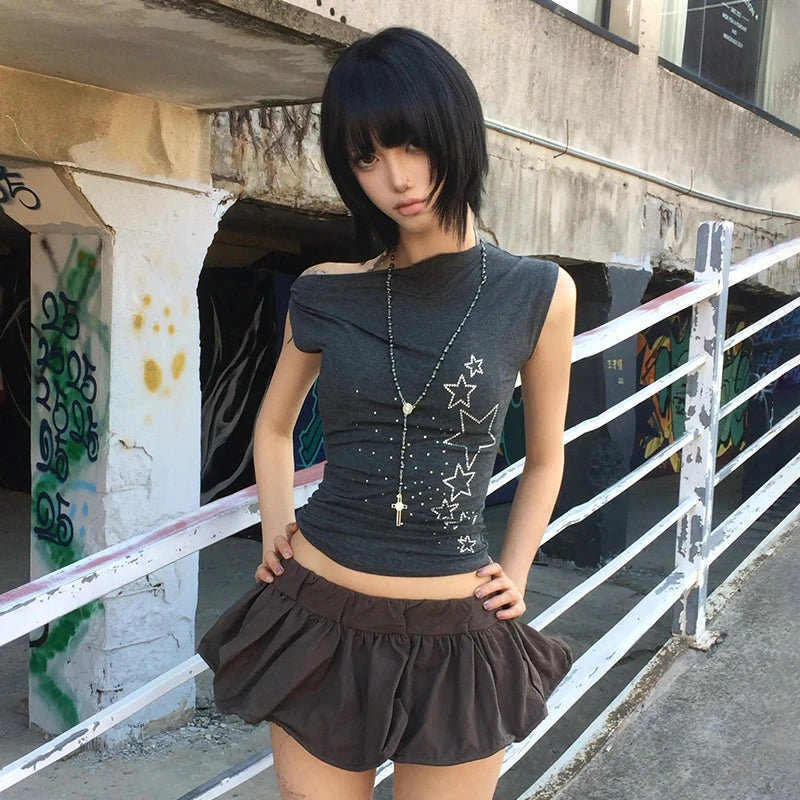 Karrram Japanese Y2k Off Shoulder T-shirt Trashy 2000s Style Rhinestones Sleeveless Top Vintage Harajuku Crop Top American Retro