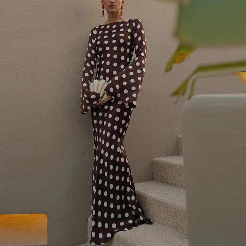 Women Fashion O-neck Flared Sleeve Evening Dress Spring Elegant Hight Waist Slim Long Dress Autumn Polka Dot Print Party Dress