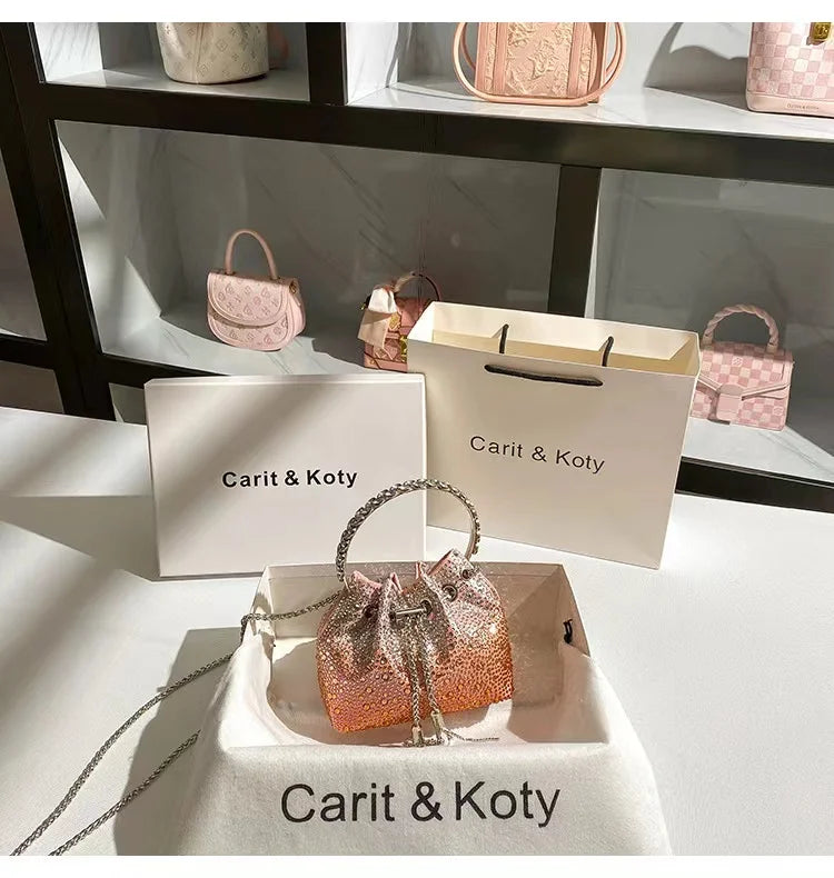 Crystal Shiny Diamonds Bucket Bag Fashion Women Handbag Metal Ring Handle Evening Bag Wedding Party Clutch Purse Crossbody Bag