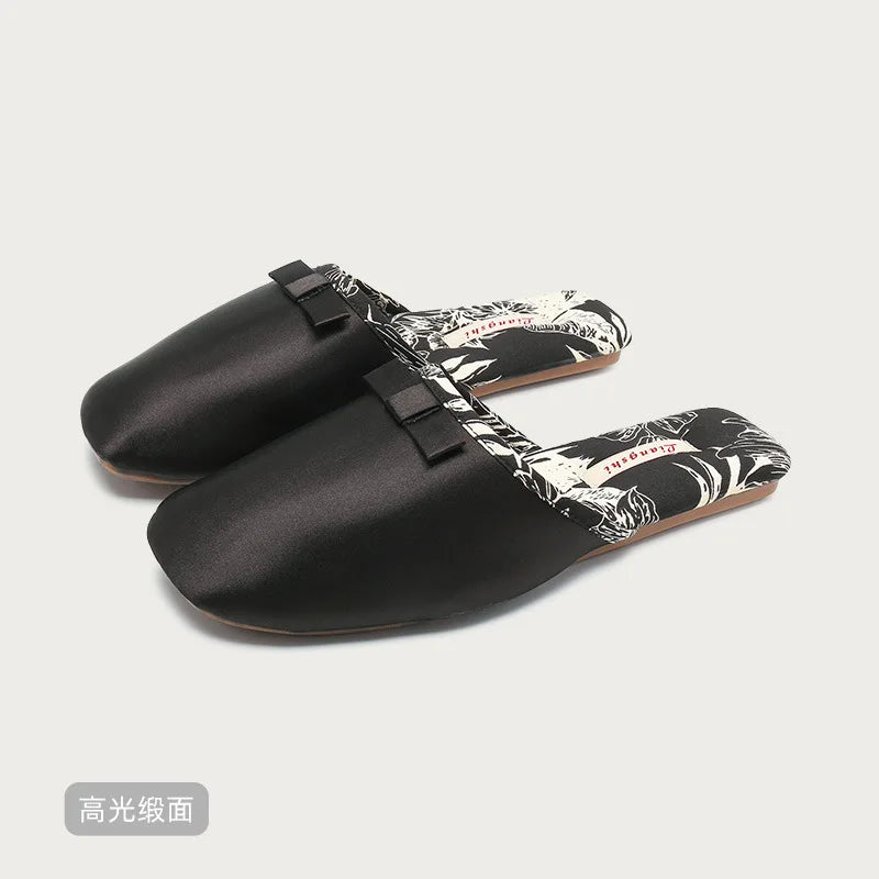Elegant Silk Print Butterfly Knot Flat Slippers for Women