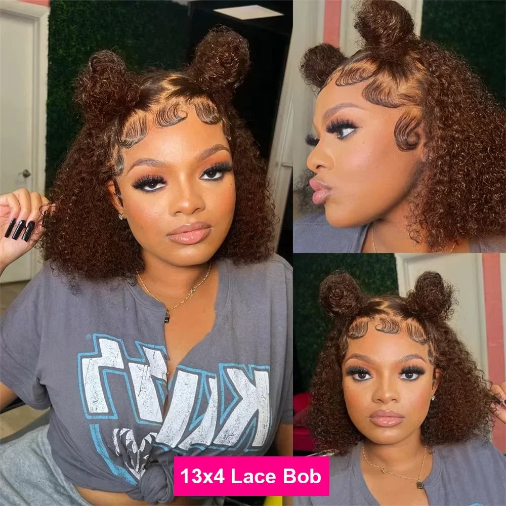 Brown kinky Curly Short Bob Wig 13x4 4x4 Bob Wigs Brazilian Water Deep Wave Human Hair Wig Preplucked For Woman Short Pixie