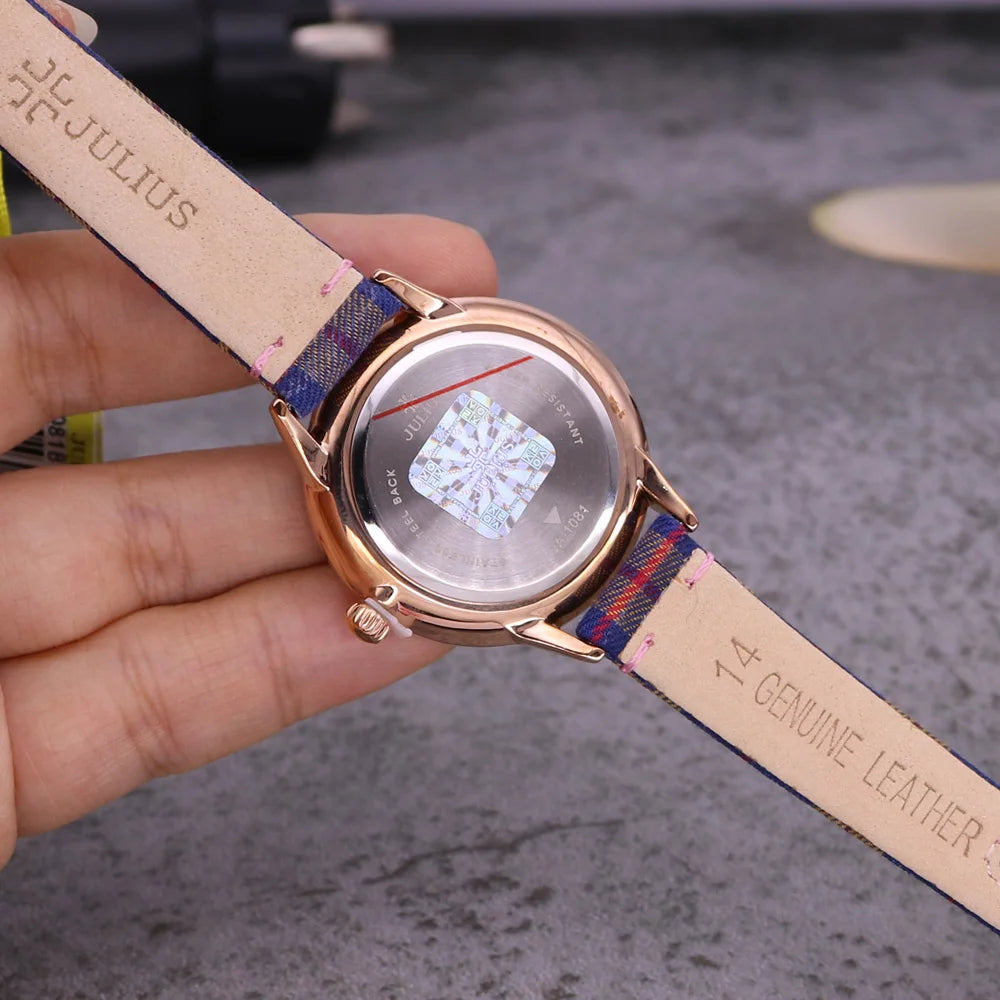 New Julius Women's Watch Fine Fashion British Plaid Style Hours Dress Bracelet Real Leather Clock Girl Birthday Gift Box