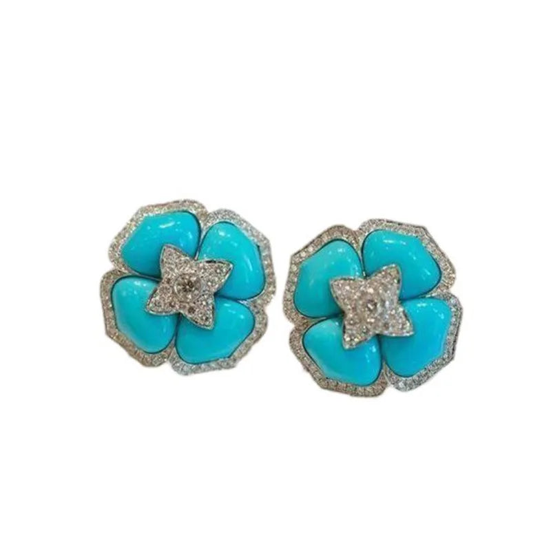 Luxury and fashionable turquoise earings stud with silver inlaid blue flower earrings for women classic wedding jewelry gift