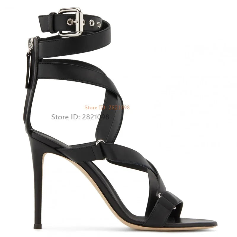Black Leather Ankle Wrap Buckle Back Zipper Open Toe Sandals for Women