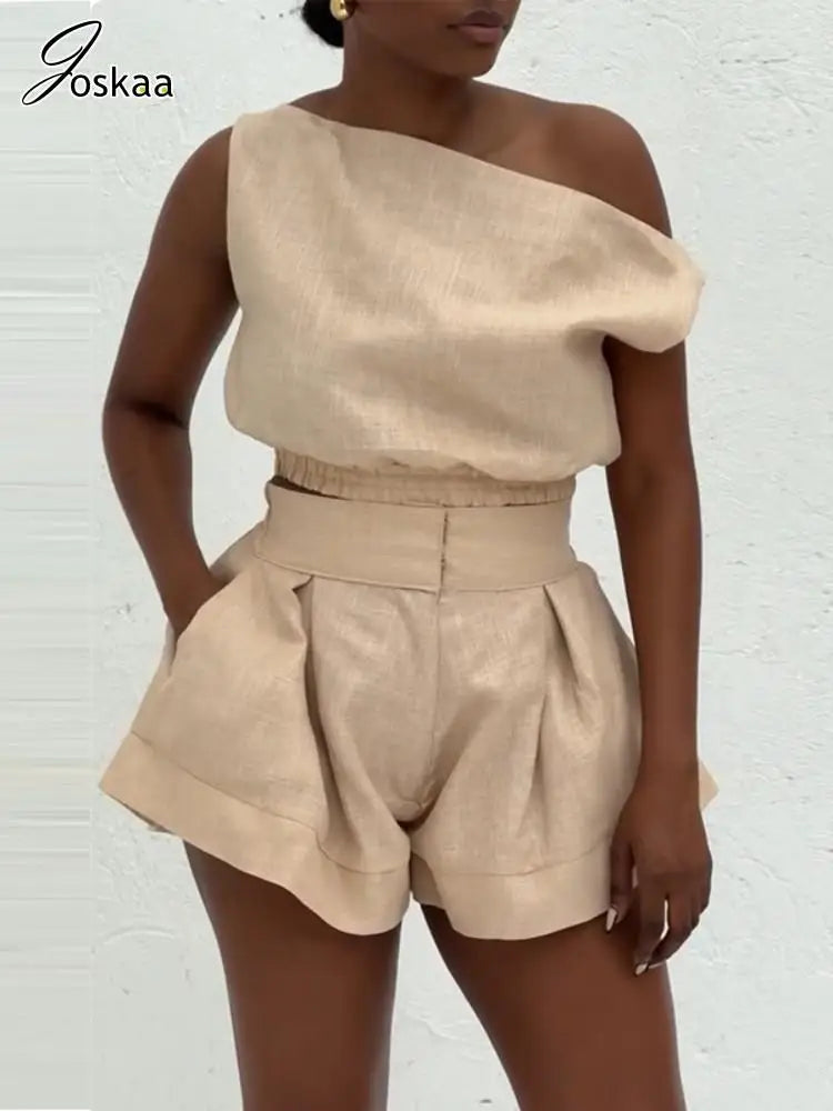 Joskaa Casual 2 Piece Sets Women Off Shoulder Sleeveless Shirt Tops and High Waist Wide Leg Shorts Matching 2025 Streetwear