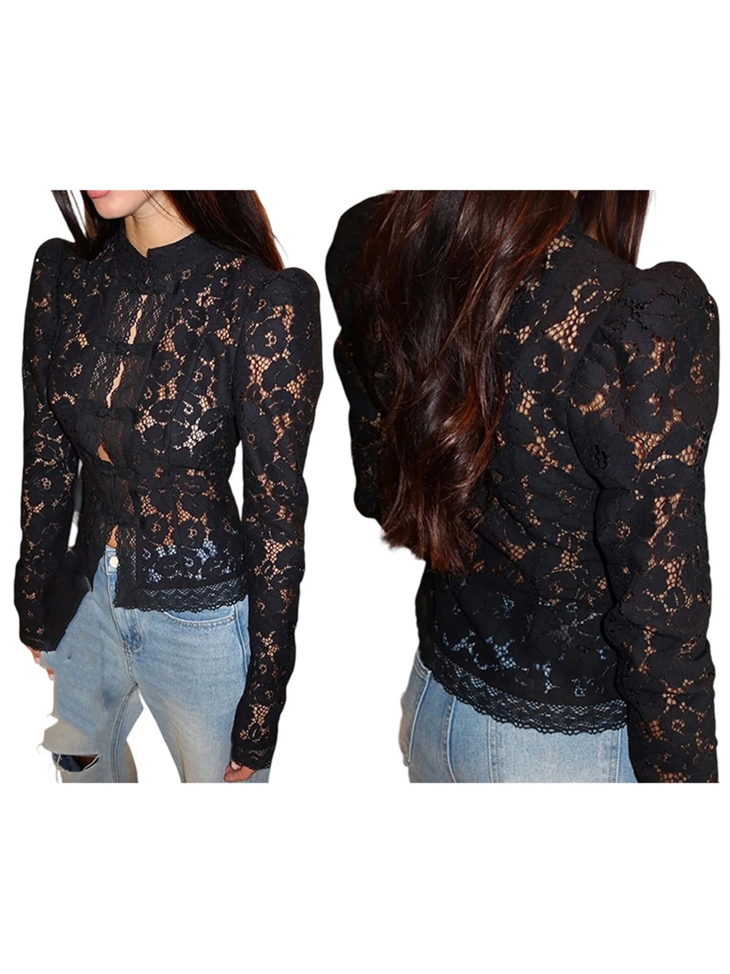 Women s Floral Lace Blouse Long Sleeve Button-up Fit Elegant Spring Sheer Top for Work or Date Night
