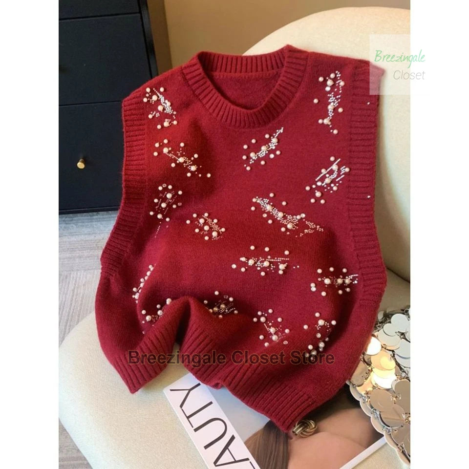 French style design nail bead inlaid diamond knitted vest for women's spring new style, sleeveless camisole top for outerwear