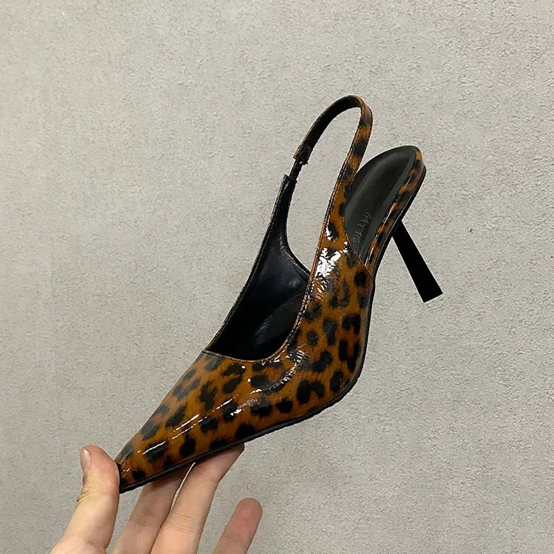 Fashion Pointed Toe Ladies High Heels Sandals Shoes Female Slip On Footwear Leopard Print Women Heeled Sandals Shoes Pumps