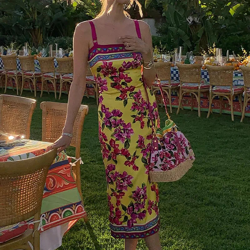 Cocktail Party Backless A-line Dresses Red Printed Summer Suspenders Dress Women's Square Neck Hollowed Out Slim Fit Long Dress