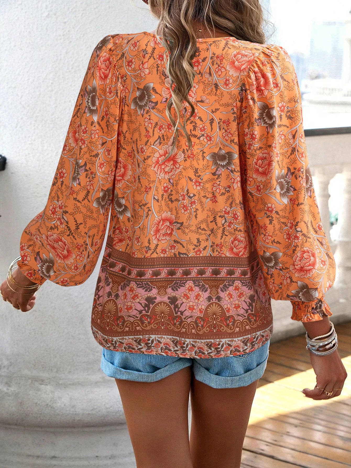 2025 Spring Summer Printed Shirt Women Elegant Chiffon V-neck Long-sleeve Top