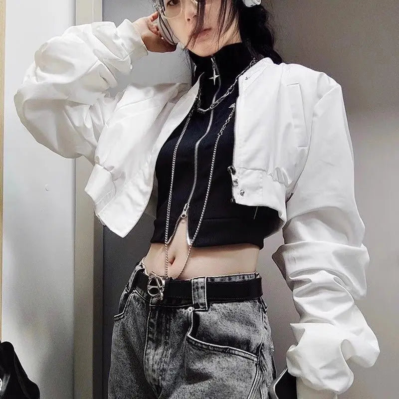 American Motorcycle Duplex Retro Spring and Autumn Hot Cool Short Zipper Jacket Women Slim Fashion Lapel Top Long Sleeve Jacket