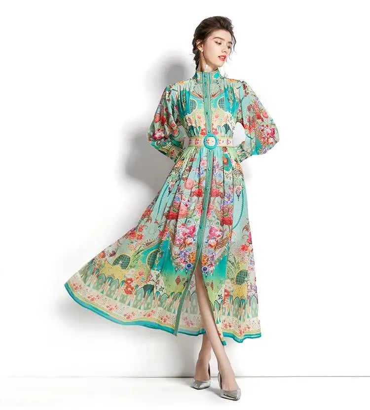 Women's Turtleneck Lantern Sleeve Single Breasted Flower Print Maxi Dress Autumn Bohemian Chiffon Green Belt Holiday Vestidos