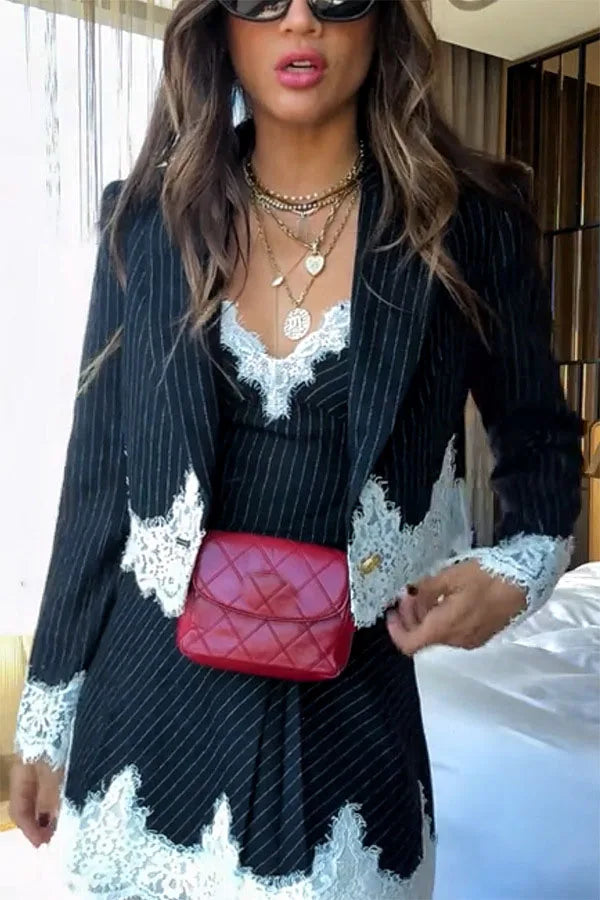 Women Sexy V Neck Mini Dress And Lapel Suit Jacket Office Lady Striped Lace Patchwork Two Piece Dress Sets Elegant Female Suits