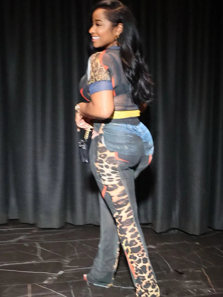 Weird Puss Sexy Women 2 Piece Set See Through Leopard Print Shorts Sleeve Crop Tops+Flare Pants Matching Clubwear Skinny Outfits