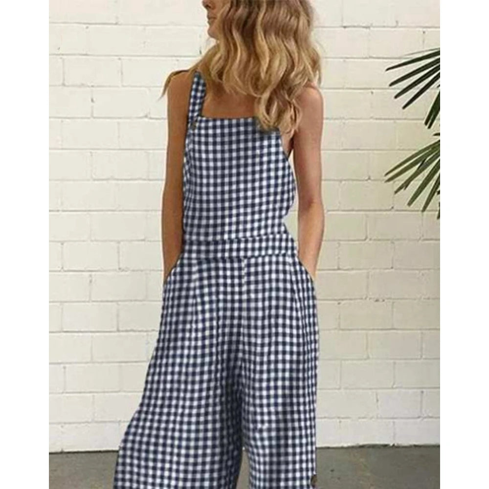 Women All Over Plaid Print Suspender Jumpsuit Summer Buttoned Wide Leg Elegant Jumpsuit Casual One Piece Party Overalls Clothing