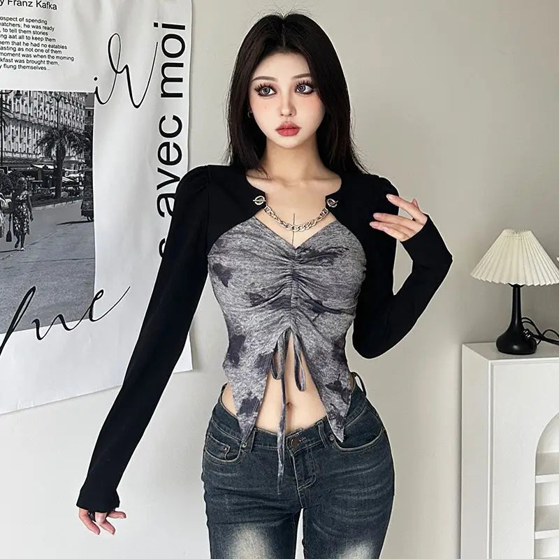 Hong Kong Style Retro Tie-dyed Unique Splicing Design and Sense Dovetail Slim T-shirt for Women Sweet Sexy Versatile Base Shirt